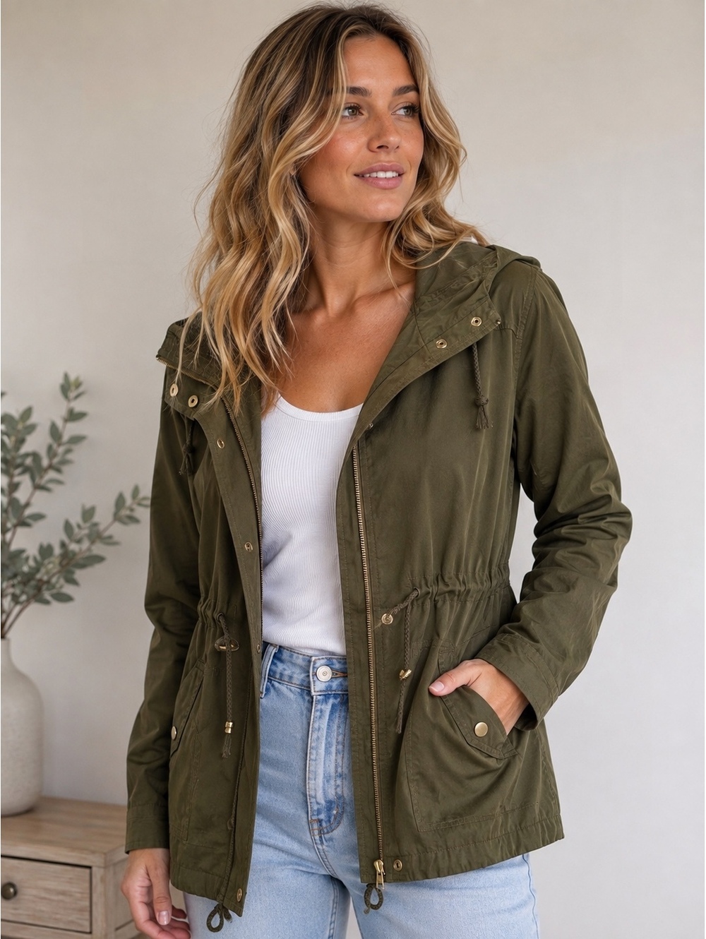 Jason Maxwell Women’s Petite Large Olive Green Hooded Utility Military Jacket